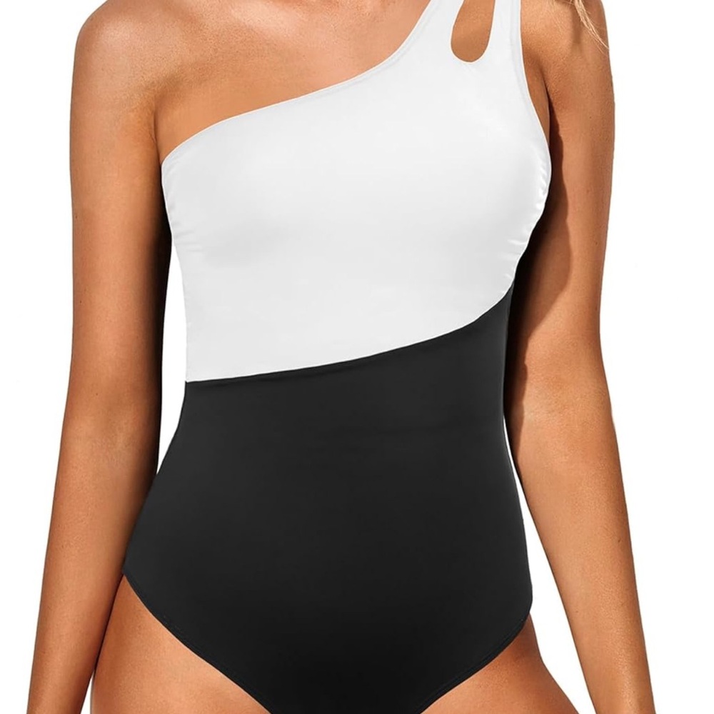 Holipick Elegant Black and White One-Shoulder Swimsuit Size Medium